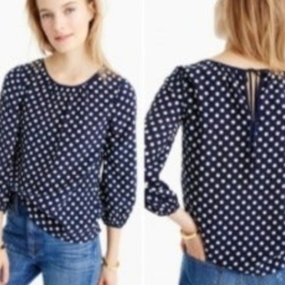J. Crew Silk Navy Blue Polka Dot Popover Blouse Top Size 4 NEW NWT Crew Neck